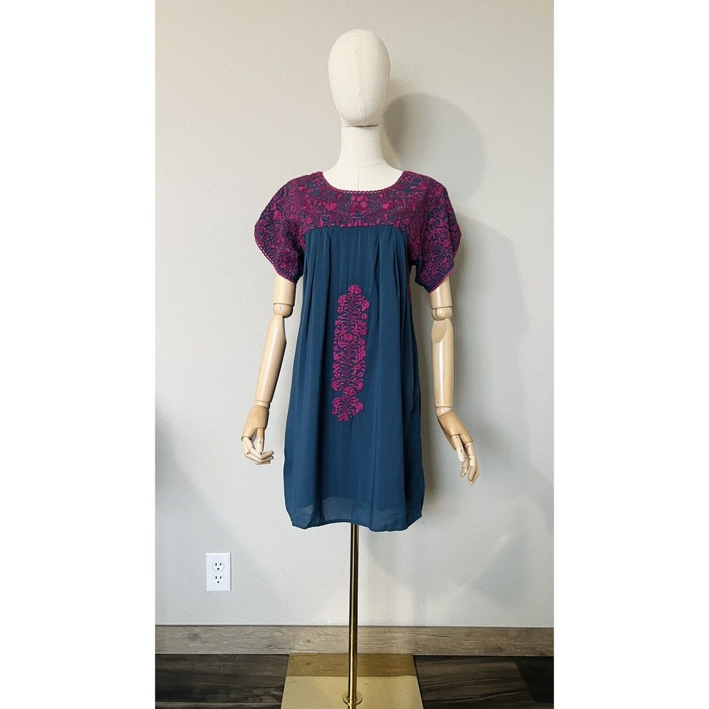 BuddyLove Buddy Love Embroidered Carolina Dress Navy Magenta Rayon Boho Size XS - Picture 2 of 16